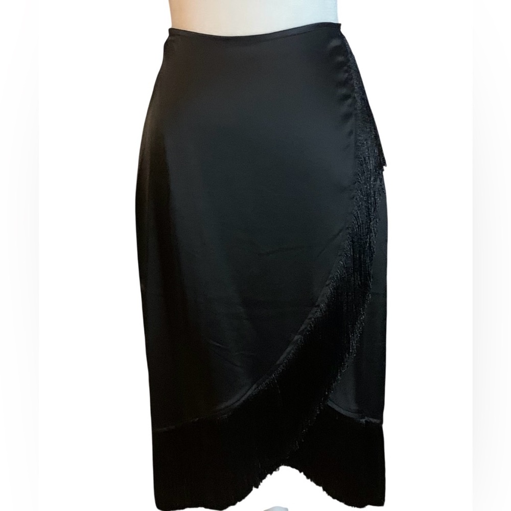 Bailey 44 Women’s Black Satin Fringe Midi Skirt, Small. NWOT